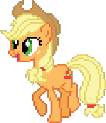 Size: 378x438 | Tagged: safe, artist:iknowpony, character:applejack, species:earth pony, species:pony, episode:simple ways, g4, my little pony: friendship is magic, clothing, female, hat, mare, open mouth, pixel art, raised hoof, simple background, solo, transparent background