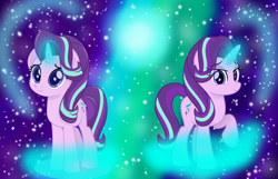 Size: 2300x1480 | Tagged: safe, artist:joemasterpencil, artist:peahead, character:starlight glimmer, species:pony, species:unicorn, duo, female, glow, glowing horn, horn, looking at you, magic, mare, ponidox, raised hoof, self ponidox, shine, smiling