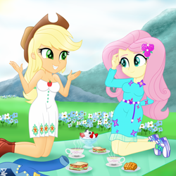 Size: 2600x2600 | Tagged: safe, artist:theretroart88, character:applejack, character:fluttershy, g4, my little pony: equestria girls, my little pony:equestria girls, clothing, coffee, cute, dress, food, ice cream, jackabetes, picnic, shoes, shyabetes, sitting, snacks, sneakers