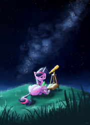 Size: 2000x2800 | Tagged: safe, artist:rocket-lawnchair, character:spike, character:twilight sparkle, character:twilight sparkle (unicorn), species:dragon, species:pony, species:unicorn, book, female, grass, lidded eyes, male, mare, milky way galaxy, moonlight, night, prone, sleeping, smiling, stargazing, stars, telescope