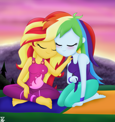 Size: 2927x3105 | Tagged: safe, artist:theretroart88, character:rainbow dash, character:sunset shimmer, ship:sunsetdash, episode:wake up!, g4, my little pony: equestria girls, my little pony:equestria girls, spoiler:choose your own ending (season 2), spoiler:eqg series (season 2), barefoot, blushing, breasts, busty rainbow dash, busty sunset shimmer, clothing, eyes closed, feet, female, high res, lesbian, shipping, smiling, sunset, wake up!: rainbow dash