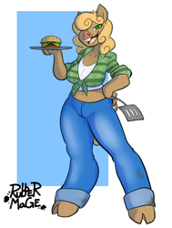 Size: 1514x2000 | Tagged: safe, artist:rubbermage, oc, oc:diner delights, species:anthro, burger, clothing, flannel shirt, food, jeans, orc, original species, pants, pig, pony orc, solo, spatula