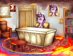 Size: 2000x1540 | Tagged: safe, artist:brother-lionheart, character:princess celestia, character:starlight glimmer, character:sunburst, species:pony, species:unicorn, couch, desk, employee of the month, female, fire, guidance counselor, hope poster, implied starburst, implied straight, kiss mark, lipstick, mare, obey, propaganda poster, shepard fairey, sitting, smiling, solo, starlight's office, this is fine