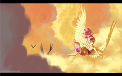 Size: 1280x800 | Tagged: safe, artist:joan-grace, character:fluttershy, species:anthro, species:bird, species:unguligrade anthro, big wings, cloud, female, flying, sky, solo, wings