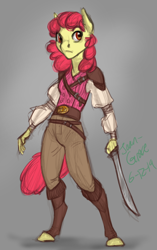Size: 690x1100 | Tagged: safe, artist:joan-grace, character:apple bloom, species:anthro, species:unguligrade anthro, alternate universe, female, pirate, solo, sword, weapon
