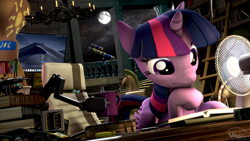 Size: 3840x2160 | Tagged: safe, artist:whiteskyline, character:twilight sparkle, character:twilight sparkle (alicorn), species:alicorn, species:pony, 3d, book, bookshelf, boston dynamics, column, computer, confused, fan, female, ford gt le mans, ladder, library, mac os x, monitor, moon, screwdriver, signature, solo, source filmmaker, telescope