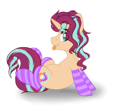 Size: 4584x4091 | Tagged: safe, artist:hellishprogrammer, oc, oc only, oc:dusk fire (ice1517), parent:starlight glimmer, parent:sunset shimmer, parents:shimmerglimmer, species:pony, species:unicorn, icey-verse, clothing, heart eyes, lip piercing, magical lesbian spawn, male, nose piercing, offspring, piercing, raised leg, simple background, sitting, socks, solo, stallion, striped socks, tongue out, transparent background, wingding eyes, ych result