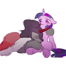 Size: 1487x1486 | Tagged: safe, artist:tingsan, character:king sombra, character:twilight sparkle, character:twilight sparkle (alicorn), species:alicorn, species:pony, species:unicorn, ship:twibra, blushing, cape, clothing, cuddling, eyes closed, female, male, mare, misleading thumbnail, shipping, simple background, sitting, sleeping, stallion, straight, white background