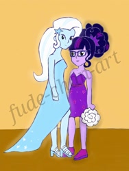 Size: 1500x2000 | Tagged: safe, artist:fude-chan-art, character:trixie, character:twilight sparkle, character:twilight sparkle (scitwi), species:eqg human, ship:twixie, my little pony:equestria girls, clothing, dress, female, height difference, lesbian, sci-twixie, shipping