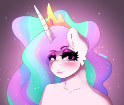 Size: 2001x1695 | Tagged: safe, artist:aaa-its-spook, character:princess celestia, species:alicorn, species:anthro, species:pony, blushing, crown, eyeshadow, female, jewelry, looking at you, makeup, regalia, solo, sparkly mane
