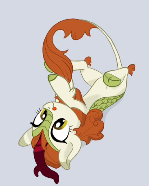 Size: 480x600 | Tagged: safe, artist:soshyqqq, artist:szafir87, character:autumn blaze, species:kirin, animated, awwtumn blaze, behaving like a cat, cloven hooves, cute, female, gif, kirinbetes, leonine tail, on back, silly, simple background, solo, szafir87 is trying to murder us, tail wag