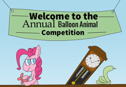 Size: 3776x2610 | Tagged: safe, artist:rainbowbacon, character:pinkie pie, species:dog, newbie artist training grounds, atg 2019, balloon, clock, competition, swan