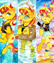 Size: 1024x1194 | Tagged: safe, artist:lailyren, artist:moonlight-ki, character:sunset shimmer, species:pony, species:unicorn, clothing, equestria girls outfit, female, inner tube, jacket, leather jacket, looking at you, mare, one eye closed, smiling, sunglasses, swimsuit, tongue out, vest, watercolor painting