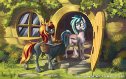 Size: 2400x1500 | Tagged: safe, artist:kirillk, oc, oc only, species:bat pony, species:pony, basket, bat pony oc, commission, duo, female, fruit, home, house, looking at each other, mare, patreon, scenery, slit pupils, smiling, unshorn fetlocks
