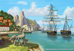 Size: 2191x1500 | Tagged: safe, artist:kirillk, oc, oc only, species:pegasus, species:pony, gold, harbor, sailship, ship, solo, treasure chest, tricorne