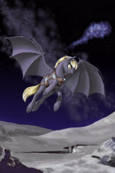 Size: 2646x3992 | Tagged: safe, artist:kirillk, oc, oc only, species:bat pony, species:pony, fanfic:music for the mare on the moon, bat pony oc, fanfic art, flying, moon, solo, spread wings, unshorn fetlocks, wings