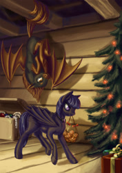 Size: 1240x1754 | Tagged: safe, artist:kirillk, oc, oc only, species:pony, behaving like a bat, christmas, christmas tree, duo, hanging, hanging upside down, holiday, mouth hold, prehensile tail, present, slit pupils, tree, upside down