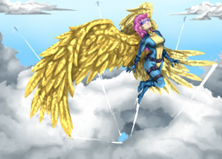 Size: 3000x2142 | Tagged: safe, artist:brother-lionheart, character:scootaloo, species:human, species:pegasus, species:pony, adult, big wings, clothing, cloud, flying, gold, humanized, older, older scootaloo, scootaloo can fly, uniform, wings, wonderbolts, wonderbolts uniform