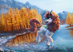 Size: 2000x1414 | Tagged: safe, artist:nemo2d, character:autumn blaze, species:kirin, episode:sounds of silence, g4, my little pony: friendship is magic, awwtumn blaze, beautiful, colored hooves, cute, female, forest, hooves, looking back, open mouth, river, scenery, scenery porn, signature, smiling, solo, splashing, three quarter view, tree, unshorn fetlocks, water
