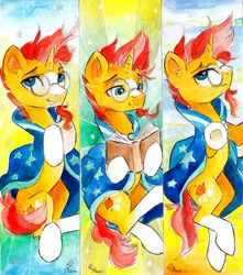Size: 1024x1159 | Tagged: safe, artist:lailyren, artist:moonlight-ki, character:sunburst, species:pony, species:unicorn, abstract background, book, bookmark, cape, clothing, glasses, hooves, male, mixed media, solo, stallion, traditional art, watercolor painting