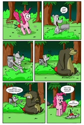 Size: 1024x1536 | Tagged: safe, artist:cartoon-eric, character:harry, character:pinkie pie, oc, oc:fred wolfbane, comic:pink. it's what's for dinner, bear, comic, exclamation point, flattened, forest, gun, interrobang, question mark, suction cup, weapon, werewolf