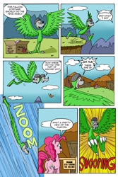 Size: 1024x1536 | Tagged: safe, artist:cartoon-eric, character:pinkie pie, oc, oc:fred wolfbane, species:bird, comic:pink. it's what's for dinner, bird costume, box, canyon, clothing, comic, costume
