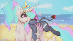 Size: 3840x2160 | Tagged: safe, artist:aaa-its-spook, character:princess celestia, oc, oc:spook, species:alicorn, species:demon pony, species:pony, beach, canon x oc, crown, cute, demon, eyeshadow, fangs, female, freckles, happy, jewelry, lesbian, lipstick, makeup, original species, regalia, shipping, size difference, spaded tail, sunglasses