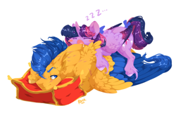 Size: 706x454 | Tagged: safe, artist:rossignolet, character:flash sentry, character:twilight sparkle, character:twilight sparkle (alicorn), species:alicorn, species:pegasus, species:pony, ship:flashlight, female, fluffy, male, onomatopoeia, pillow, shipping, simple background, size difference, sleeping, sound effects, straight, white background, zzz
