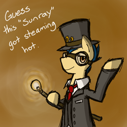 Size: 512x512 | Tagged: safe, artist:shadowkixx, oc, oc:sunray smiles, species:earth pony, species:pony, 30 minute art challenge, ask, ask sunray smiles, clothing, goggles, hat, lamp, male, sketch, solo, stallion, steampunk, suit, top hat, tumblr