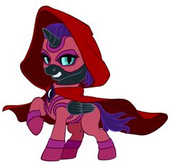 Size: 1246x1200 | Tagged: safe, artist:vasillium, oc, oc only, oc:nyx, species:alicorn, species:pony, alicorn oc, bedroom eyes, boots, cape, clothing, collar, cosplay, costume, cutie mark, cutie mark clothes, cutie mark collar, disguise, eyelashes, female, filly, happy, hood, horn, lidded eyes, looking at you, mask, moon, nostrils, one hoof raised, open mouth, princess, royalty, secret, secret identity, shoes, simple background, smiling, smirk, smug, solo, standing, suit, superhero, tail, teeth, transparent background, uniform, wall of tags, wings