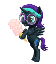 Size: 947x1080 | Tagged: safe, artist:vasillium, oc, oc only, oc:nyx, species:alicorn, species:pony, alicorn oc, clothing, cotton candy, cute, cutie mark, female, filly, flying, glasses, happy, headband, holding, horn, moon, nostrils, nyxabetes, princess, royalty, simple background, smiling, solo, tail, transparent background