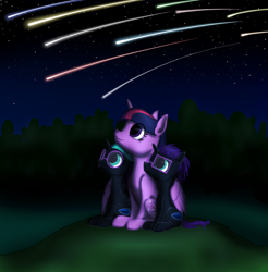 Size: 2892x2942 | Tagged: safe, artist:vasillium, character:twilight sparkle, character:twilight sparkle (alicorn), oc, oc:nox (rule 63), oc:nyx, species:alicorn, species:pony, alicorn oc, brother, brother and sister, clothing, colt, cutie mark, daughter, family, female, filly, glasses, grass, grass field, happy, headband, high res, holding, horn, like mother like daughter, like mother like son, looking, looking up, male, mare, meteor, meteor shower, moon, mother, mother and daughter, mother and son, night, night sky, nostrils, outdoors, parent and child, parent and foal, ponidox, princess, r63 paradox, royalty, rule 63, self paradox, self ponidox, shooting star, siblings, sister, sky, smiling, son, stars, tree, twins, wall of tags, wood