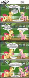 Size: 800x2153 | Tagged: safe, artist:umneem, character:apple bloom, character:applejack, character:lily, character:lily valley, character:plaid stripes, oc, species:earth pony, species:pony, comic:my rational pony, apple, bush, comic, conspiracy theory, explicit series, female, food, mare, tree