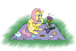Size: 1024x684 | Tagged: safe, artist:crazynutbob, character:fluttershy, blanket, bushroot, cookie, crossover, darkwing duck, food, grass, picnic, simple background, sugarcube, tea party, teapot, transparent background