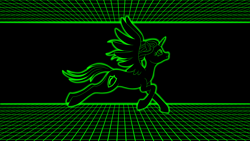 Size: 1920x1080 | Tagged: safe, artist:vasillium, machine learning generated, oc, oc only, oc:nyx, species:alicorn, species:pony, alicorn oc, black and green, computer, computer screen, cutie mark, female, flying, horn, mare, older, open mouth, running, simulation, solo, spread wings, tail, wallpaper, wings