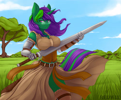 Size: 6000x5000 | Tagged: safe, artist:redwix, oc, oc only, oc:buggy code, species:anthro, species:pony, species:unicorn, absurd resolution, anthro oc, belt, breasts, clothing, corset, female, gauntlet, glasses, grass field, knight, scenery, solo, sword, tree, weapon