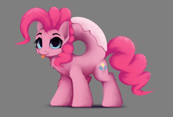 Size: 1246x846 | Tagged: safe, artist:hitbass, character:pinkie pie, species:pony, :t, blep, cheek fluff, chest fluff, cute, diapinkes, donut, donut pony, donyatsu, ear fluff, female, food, food pony, gray background, leg fluff, looking at you, mare, not salmon, original species, ponified, race swap, simple background, smiling, solo, tongue out, wat