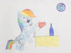 Size: 3264x2448 | Tagged: safe, artist:don2602, character:rainbow dash, species:pegasus, species:pony, bottle, female, minute to win it, plastic cup, raised hoof, rearing, serious, serious face, solo, timer, tongue out, traditional art