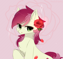 Size: 900x850 | Tagged: safe, artist:heddopen, character:roseluck, species:earth pony, species:pony, cheek fluff, chest fluff, cute, cuteluck, ear fluff, female, flower, flower in hair, looking at you, rose, solo, tongue out