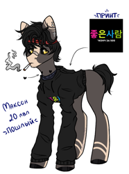 Size: 811x1092 | Tagged: safe, artist:hellishprogrammer, oc, oc only, oc:max, ponysona, species:earth pony, species:pony, bandaid, black sclera, blank flank, cigarette, clothing, colored sclera, cyrillic, ear piercing, earring, headband, heart, hoodie, jewelry, male, markings, piercing, ponified, russian, shirt, simple background, smoke, smoking, solo, stallion, t-shirt, tattoo, white background