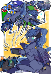 Size: 2031x2952 | Tagged: safe, artist:snowillusory, character:nightmare moon, character:princess luna, character:queen chrysalis, character:sonic the hedgehog, species:alicorn, species:changeling, species:dog, species:pony, chubbie, gamer luna, abstract background, alternate hairstyle, android, beard, blanket, changeling queen, chest fluff, clothing, crescent moon, crossover, detroit: become human, facial hair, fangs, female, fire flower, goomba, headset, heart, inkling, inkling girl, joycon, kirby, knife, link, moon, mouth hold, nightmare luna, nintendo switch, pillow, piranha plant, plushie, pokémon, smiling, solo, sonic the hedgehog (series), speech, splatoon, stars, super mario bros., superstar, the legend of zelda, tongue out, triforce, umbreon, video, waluigi