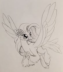 Size: 1280x1470 | Tagged: safe, artist:creeate97, character:princess skystar, species:hippogriff, g4, my little pony: the movie (2017), female, flower, flower in hair, flying, freckles, grayscale, ink drawing, monochrome, simple background, solo, spread wings, traditional art, white background, wings