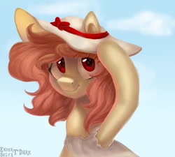 Size: 1500x1349 | Tagged: safe, artist:enderselyatdark, rcf community, oc, oc only, oc:selya t'dark, species:pony, bust, clothing, cute, dress, female, hat, looking at you, outdoors, portrait, red eyes, sky, smiling, solo, sun hat, sundress, three quarter view