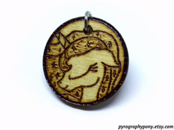 Size: 2560x1920 | Tagged: safe, artist:aracage, character:princess luna, species:alicorn, species:pony, bust, craft, etsy, eyes closed, female, floppy ears, irl, keychain, photo, pyrography, smiling, solo, traditional art, woodwork
