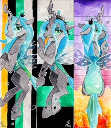 Size: 1024x1180 | Tagged: safe, artist:lailyren, artist:moonlight-ki, character:queen chrysalis, species:changeling, bookmark, changeling queen, female, smiling, solo, tongue out, traditional art, watercolor painting
