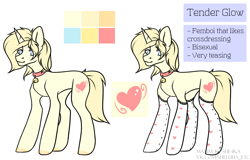 Size: 1700x1087 | Tagged: safe, artist:hellishprogrammer, oc, oc only, oc:tender glow, species:pony, species:unicorn, bell, bell collar, clothing, collar, femboy, heart, male, reference sheet, simple background, socks, solo, stallion, stockings, thigh highs, watermark, white background