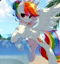Size: 900x950 | Tagged: safe, artist:heddopen, character:rainbow dash, species:pegasus, species:pony, alternate hairstyle, ball, beach, beach ball, chest fluff, cute, dappled sunlight, female, food, hair bun, ice cream, looking at you, mare, solo, sweat, wings