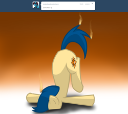 Size: 1280x1144 | Tagged: safe, artist:shadowkixx, oc, oc:sunray smiles, species:earth pony, species:pony, ask, ask sunray smiles, face down ass up, faceplant, fire, solo, tumblr