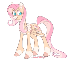 Size: 2671x2343 | Tagged: safe, artist:waackery, character:fluttershy, species:pegasus, species:pony, alternate design, colored hooves, colored wings, ear fluff, female, looking sideways, mare, simple background, smiling, snip (coat marking), socks (coat marking), solo, standing, three quarter view, transparent background, two toned mane, wings