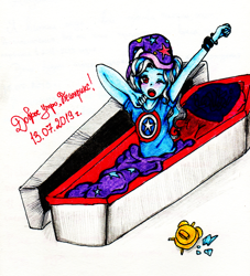 Size: 1556x1713 | Tagged: safe, artist:starwantrix, character:trixie, my little pony:equestria girls, alarm clock, bed, clock, coffin, female, pillow, solo, stretching, traditional art, vampire, yawn